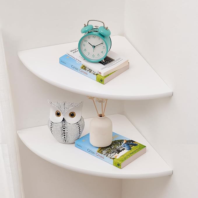 Corner Wall Shelves, White Floating Corner Shelf, Set of 2 16inch Solid Oak Wood Shelves, Round End Wall Mount Display Shelf with Wire Hole for Small Plant for Bedroom Kitchen, Living Room