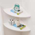 Corner Wall Shelves, White Floating Corner Shelf, Set of 2 16inch Solid Oak Wood Shelves, Round End Wall Mount Display Shelf with Wire Hole for Small Plant for Bedroom Kitchen, Living Room