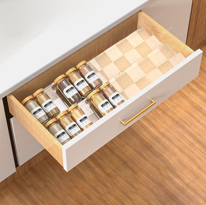 2-Tier Non-Slip Spice Drawer Organizer, 2-Pack Checkered Frosted Clear Acrylic, Expandable (11''-22'') Spice Rack for Kitchen Drawer Storage – Holds Seasonings, Herbs, and Spices (Jars Not Included)