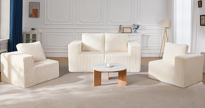 Modular Sectional Sofa 2 Seater Loveseat Modular Couch with Deep Seat Memory Foam Cloud Chair with Pillows Oversized Sectional Sofa for Living Room Bedroom (Strip White, Loveseat)