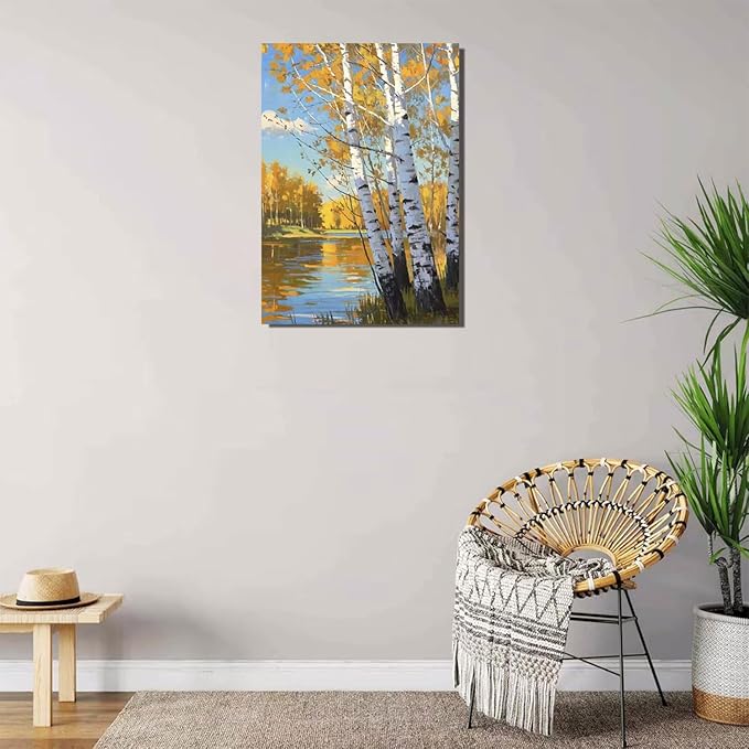 Poplar trees beside the blue sky and white clouds are suitable for living rooms bedrooms and offices Landscape posters and wall paintings