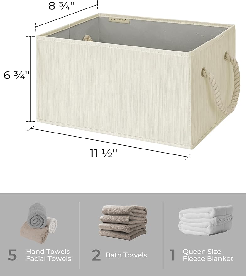StorageWorks Storage Baskets for Shelves, Foldable Fabric Closet Storage Bins with Handles, Fabric Storage Bins Clothes Organizer, Beige, White & Ivory, 3-Pack, Small