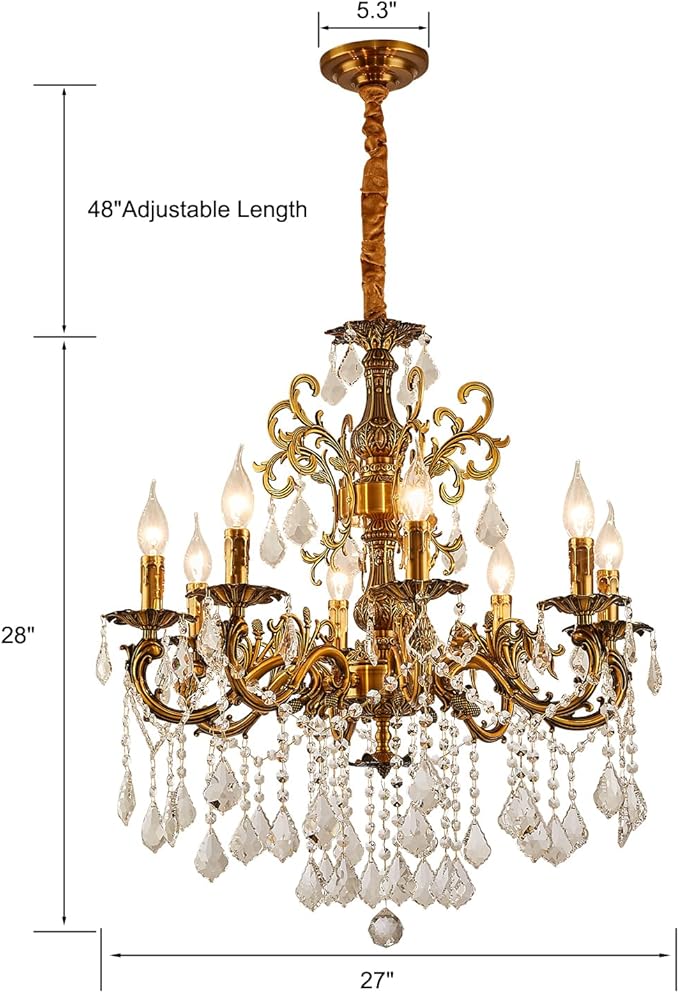 Vintage 8 Arms Crystal Chandelier Candle Light Fixture for Dining Room Living Room Bedroom Hallway Entryway Antique Gold Finish (27"-8 Lights)