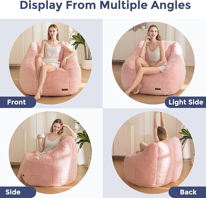 MAXYOYO Bean Bag Chair, Comfy Bean Bag Sofa with Back Support, Faux Fur Bean Bag Chair for Adults and Kids, Stuffed Floor Sofa for Living Room, Bedroom, Apartment, Pink