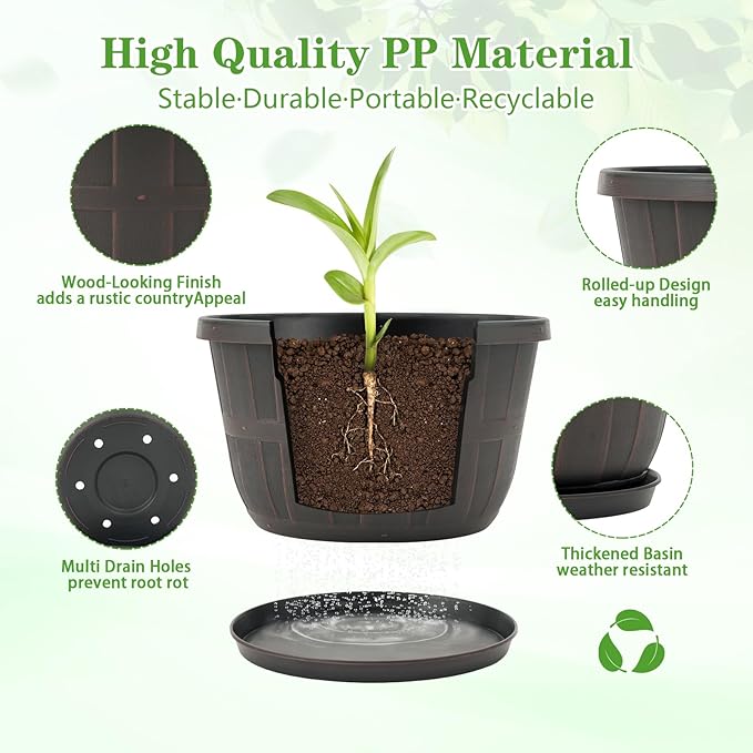 Quarut 12 Inch Large Planter Pot for Plants Indoor Outdoor, 4 Pack Plastic Flower Pots with Drainage Hole & Tray, Modern Decorative Garden Pot with Saucer, Plant Container for House（Brown）