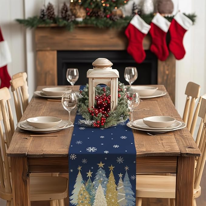 GEEORY Christmas Table Runner 13x108 Inch, Xmas Trees Snowflakes Holiday Decorative Farmhouse Table Decoration for Kitchen Dinning, Indoor Outdoor Dinner Party Decor (Blue) GT151-108