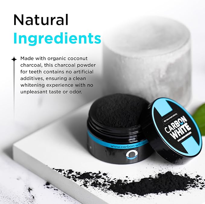 CARBON WHITE Teeth Whitening Powder - Natural Activated Coconut Charcoal Tooth Powder for Removing Stains & Discoloration - Helps Fight Tartar & Plaque, Freshens Breath - Tasteless, Odorless - 30g