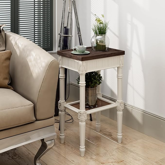 Rustic Farmhouse Cottagecore Accent End Table Set of 2, Distressed Accent Side Table with Espresso Tray Top and Woven Wicker Shelf, Boho, French Country Decor, Square, Weathered Brown & White