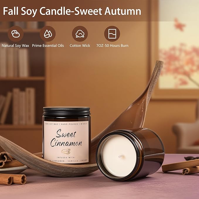 Auelife Fall Candle, Sweet Cinnamon Scented Candle, Fall Scents Soy Candles for Home Scented - Autumn Candles Gifts Set for Men and Women, Holiday, Thanksgiving, 7oz