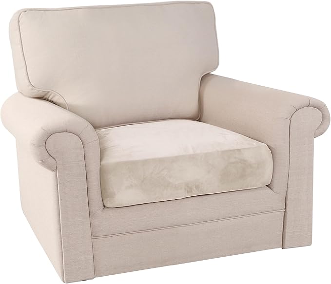 PrinceDeco Stretch Velvet Couch Cushion Cover,Soft Fitted Cushion Slipcover for Chair Cushion Furniture Protector Seat Cushion Sofa Cover Width Up to 29.5", Ivory