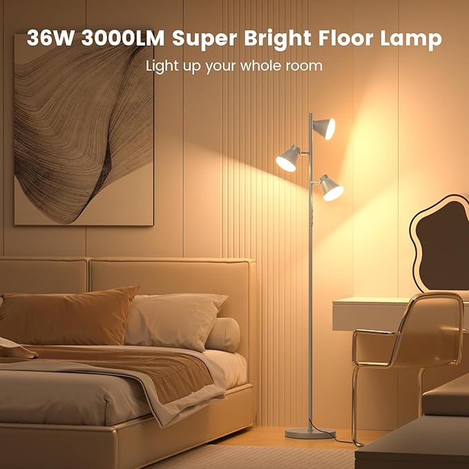 36W LED Tree Floor Lamp, Dimmable Tall Standing Lamp with Remote & Touch Control, 4 Color Temperatures Bright Floor Lamp, 3 Rotatable Light Modern Floor Lamps (Silver Gray)