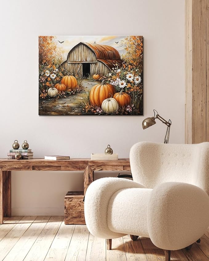 Autumn Pumpkin Barn Framed Wall Art Decor, Moody Fall Decor Rustic Country Landscape Picture Print for Farmhouse Decor,Thanksgiving Decorations Country Canvas Wall Art, Ready to Hang