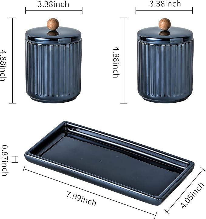 Qtip Holder Bathroom Set with Tray(3PCS) - 2 Piece 12 oz Blue Apothecary Jar Canister with Lid and 1 Pack Ceramic Vanity Tray
