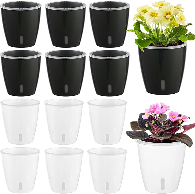 Self Watering Pots for Indoor Plants, 12-Pack 5'' Self Watering Planter with Drainage Holes, Small African Violet Pots with Water Level Indicator, Clear Wick Pot, White/Black