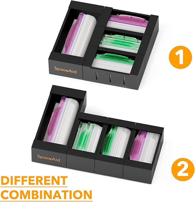 SpaceAid Bag Storage Organizer for Kitchen Drawer, Bamboo Organizer, Compatible with Gallon, Quart, Sandwich and Snack Variety Size Bag (4 Pack), Black