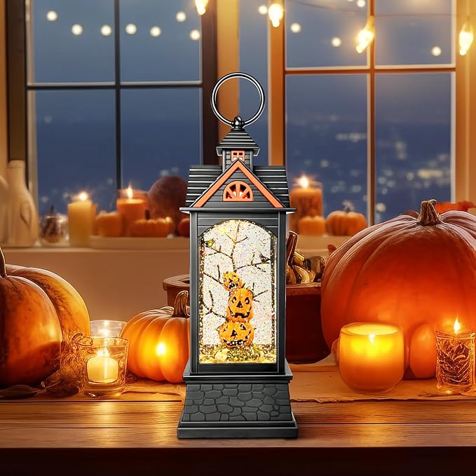 Halloween Snow Globe Lantern, Spooky Ghost Halloween Decor, Plug-in & Battery Operated Snow Globes for Halloween Decorations Indoor