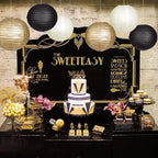 Paper Lanterns Decorative, Black Gold Hanging Round Chinese Lanterns with Lights for Graduation Anniversary Birthday Party 12 LED Light Pack of 12