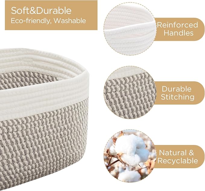 Small Cotton Rope Storage Basket Set of 3-11"x7"x7" Perfect Woven Baskets for Storage, Ideal Storage Baskets for Organizing Toys, Towels, and More - Baskets for Shelves（White & Mixed Grey）