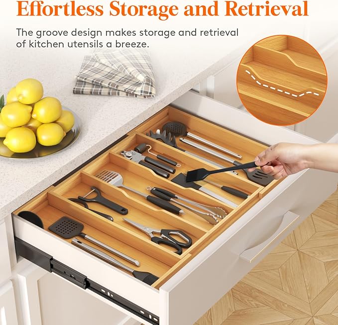 Lifewit Utensil Organizer for Kitchen Drawer, Expandable Cooking Utensil Tray, Bamboo Cutlery Silverware Flatware Holder, Adjustable Spatula Tools Gadget Storage Divider, 28 x18.5 x 2 inches, Natural