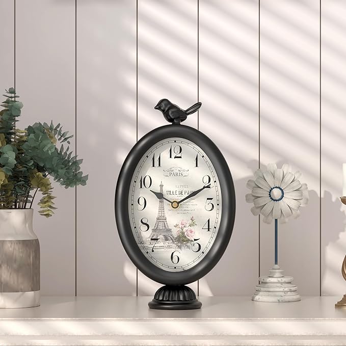 Vintage Table Clock with Bird, Desk and Shelf Decor Clock, French Paris Style, Antique Black Metal Mantel Clocks for Living Room, Farmhouse, Bedroom, Bedside, Gift (10" H x 5.9" W)