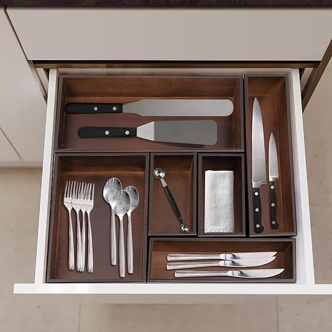 Bamboo Drawer Organizer - Kitchen Utensil Organizer Silverware Tray Cutlery Holder，Office Desk Supplies and Accessories,15 * 5.9 * 2.6,Nut-brown