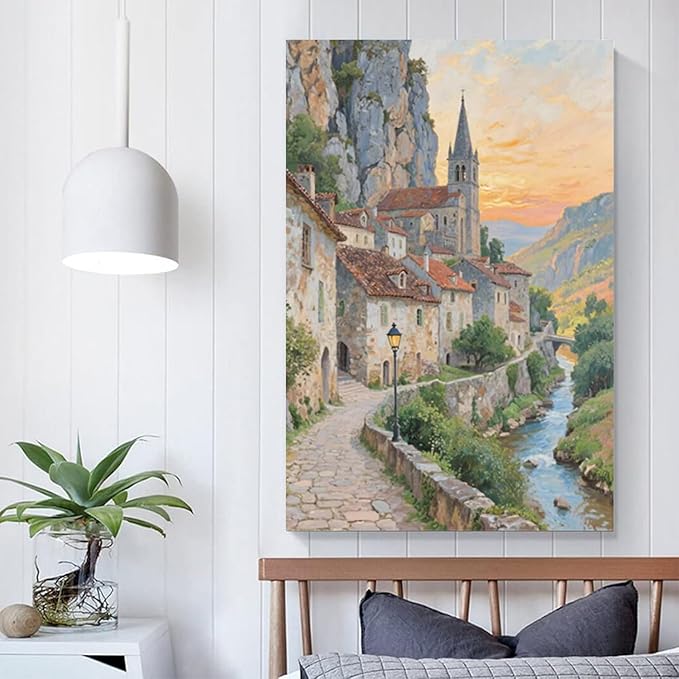Small town scenery poster on the bank of the mountain stream is suitable for living room bedroom and office natural oil painting poster