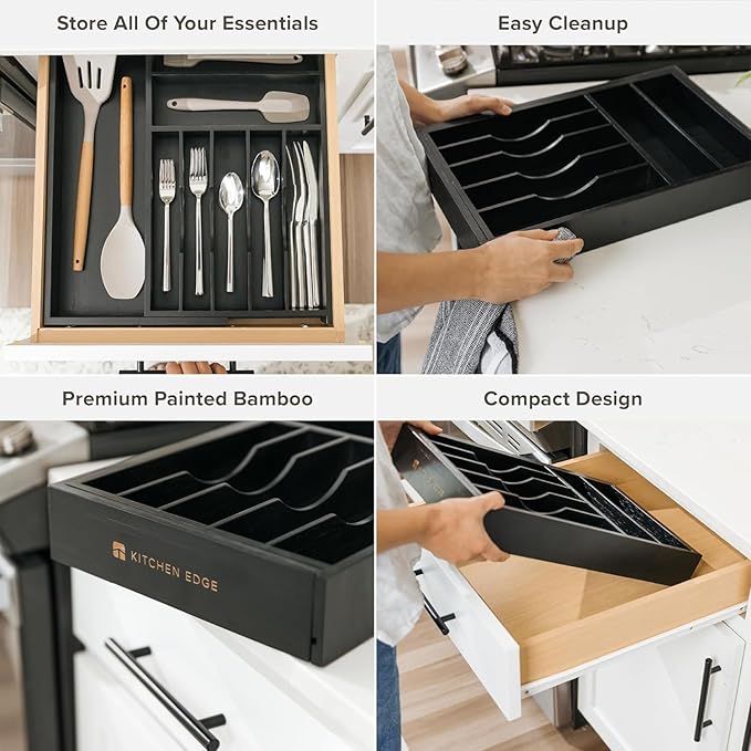 Premium Silverware, Flatware and Utensil Organizer for Kitchen Drawers, Food-Safe Contract Grade, Expandable from 10.5 to 19 In, Black Bamboo