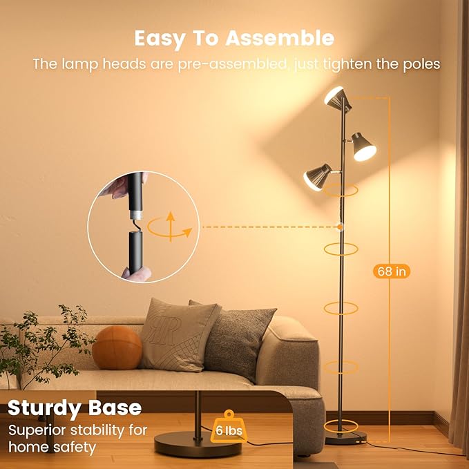 36W LED Tree Floor Lamp, Dimmable Tall Standing Lamp with Remote & Touch Control, 4 Color Temperatures Bright Floor Lamp, 3 Rotatable Light Modern Floor Lamps for Living Room Bedroom Office