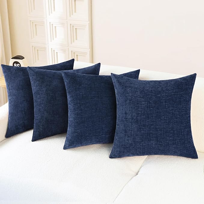 CaliTime Throw Pillow Covers Decorative 18 X 18 Inches Pack of 4 Cozy Chenille Cushion Cases for Couch Sofa Bed Living Room Home Navy Blue