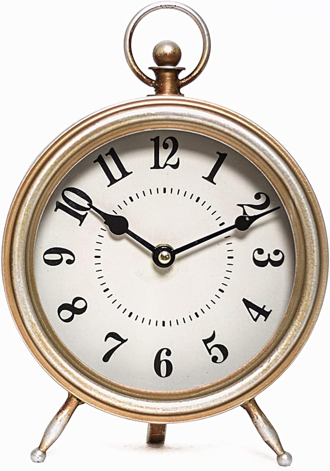 Vintage Table Clock on Stand, Decorative Desk and Shelf Clock Farmhouse Mantel Non-Ticking Clock Rustic Metal Frame with Antique Gold Finish
