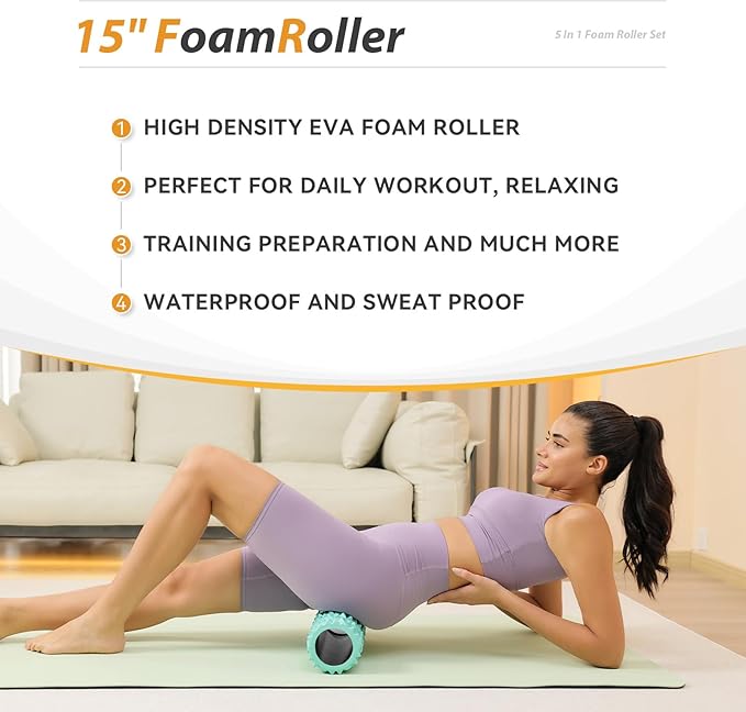 5 in1 Foam Roller Set, Trigger Point Foam Roller, Massage Roller Stick, Massage Ball, Resistance Band for Deep Muscle Massage Pilates Yoga,Fitness Exercise for Whole Body (Pure Turquoise)