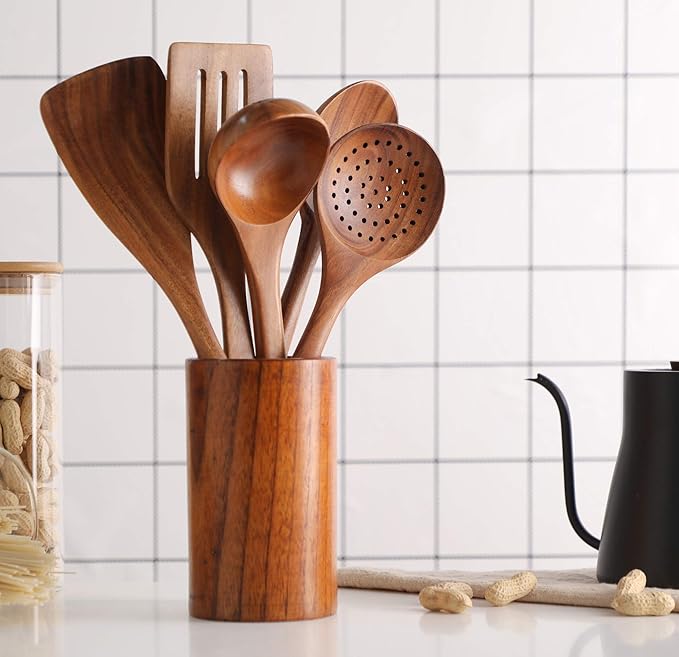 Wooden Spoons for Cooking, Cooking Utensils Set of 6 Natural Teak Wooden Cooking Spatulas with Utensils Holder Comfort Grip Wooden Kitchen Utensils for Nonstick Cookware