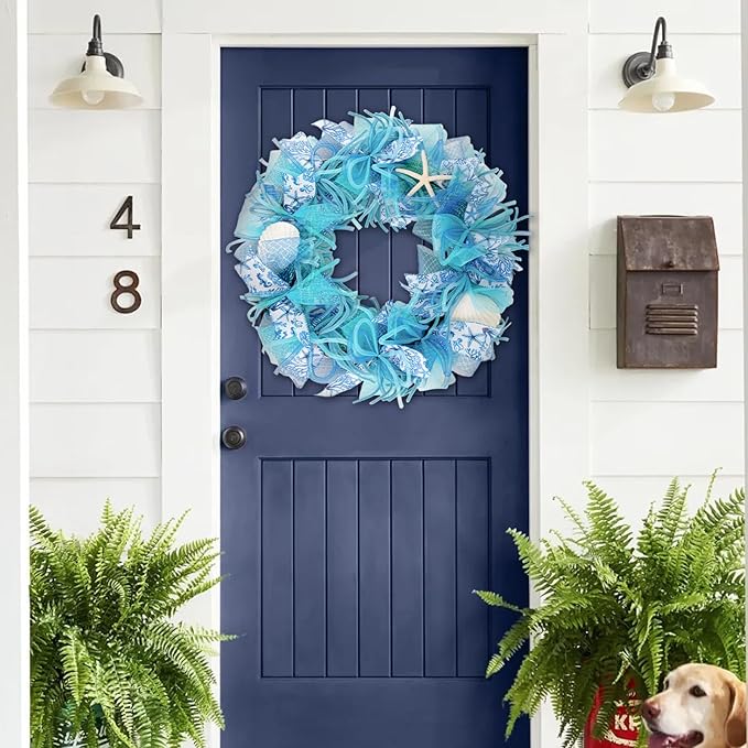 24 Inch Coastal Seashell Large Wreath with Natural Starfish & Scallops Shell, Blue Beach Style Front Door Wreath with for Spring Summer, Farmhouse Rustic Indoor Outdoor Home Wall Wedding Decor