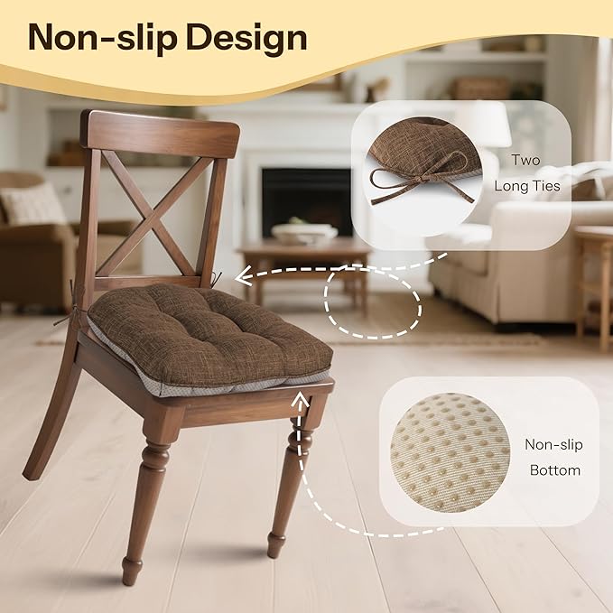 Non Slip Chair Cushions for Dining Chairs Set of 4 Kitchen Chair Cushions 18"x18"x3" Turfted Chair Pads Comfortable and Soft Seat Cushion with Ties, Coffee