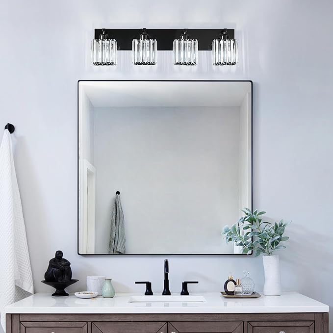 Modern Bathroom Vanity Light 4-Lights Plating Black Crystal Bathroom Wall Light Vanity Light Fixtures
