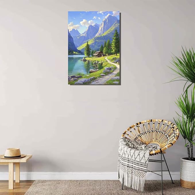 Landscape wall painting of mountain forest lakeside cabin under blue sky and white clouds natural oil painting poster suitable for living room bedroom office