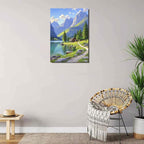 Landscape wall painting of mountain forest lakeside cabin under blue sky and white clouds natural oil painting poster suitable for living room bedroom office