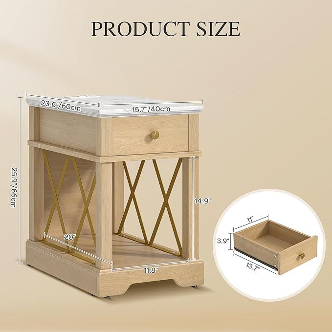 Farmhouse End Table with Charging Station & Drawer by YITAHOME