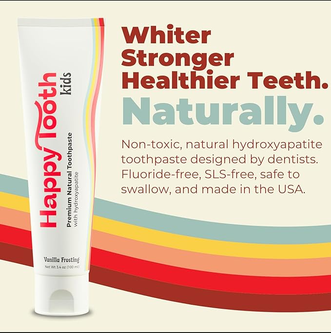 Happy Tooth Hydroxyapatite Toothpaste, Fluoride Free, Natural Whitening for Kids, Toddlers and Adults, SLS Free, Enamel Safe, Dentist Formulated with Clean Ingredients, Vanilla Frosting Flavor, 3.4oz