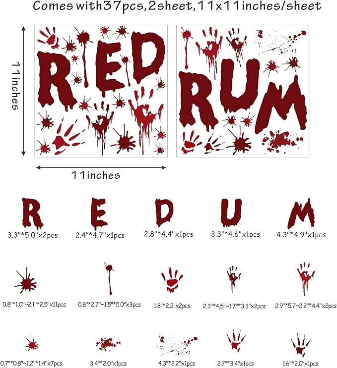 Halloween Redrum Murder Wall Decal Horror Ghost Hand Wall Decals Halloween Blood Splatter Decals Removable Peel and Stick Walls Stickers for Haunted House Party Window Decor