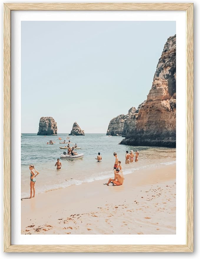 HesenDot Natural OAK Wood Framed Amalfi Coast Summer Wall Art,12x16in Italy Arienzo Beach Canvas Wall Print,Positano Swimming Poster Wall Decor for Living Room,Bedroom,Office Gallery Set of 1