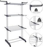 Bigzzia Clothes Drying Rack Folding Drying Rack Clothing 4 Tier Clothes Horses Rack Stainless Steel Laundry Drying Rack with Two Side Wings Grey