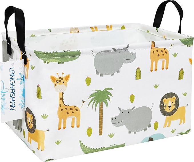 LANGYASHAN Rectangular Storage Bin Collapse Canvas Fabric Cartoon Storage Basket with Handles for Organizing Home Kitchen Boys and Girls Toys Office Closet Shelf Baskets (Rec animal)