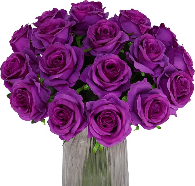 Purple Fake Roses Artificial Flowers - 10 Pcs Fake Artificial Roses Silk Flowers with Stems for Home Wedding Hotel Office Centerpiece Decor