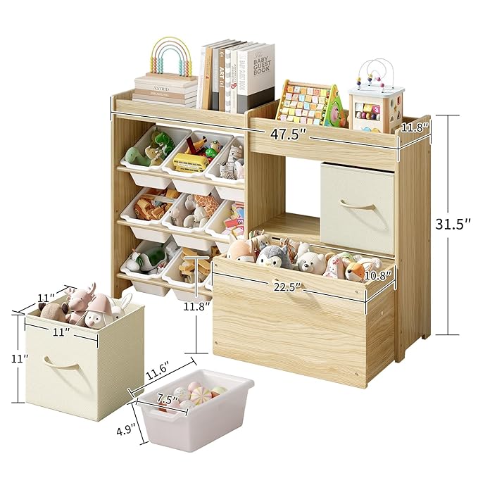 Toy Storage Organizer for Kids, 9-Bin Toy Organizer with 2-Drawers,Movable Toy Chest and Top Rack, Multifunctional Kids Bookshelf and Toy Storage for Living Room, Playroom, Nursery, White