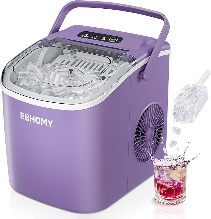 EUHOMY Countertop Ice Maker Machine with Handle, 26lbs Per Day, 9 Ice Cubes Ready in 6 Mins, Auto-Cleaning Portable Ice Maker with Basket and Scoop, for Home/Kitchen/Camping/RV (Purple)
