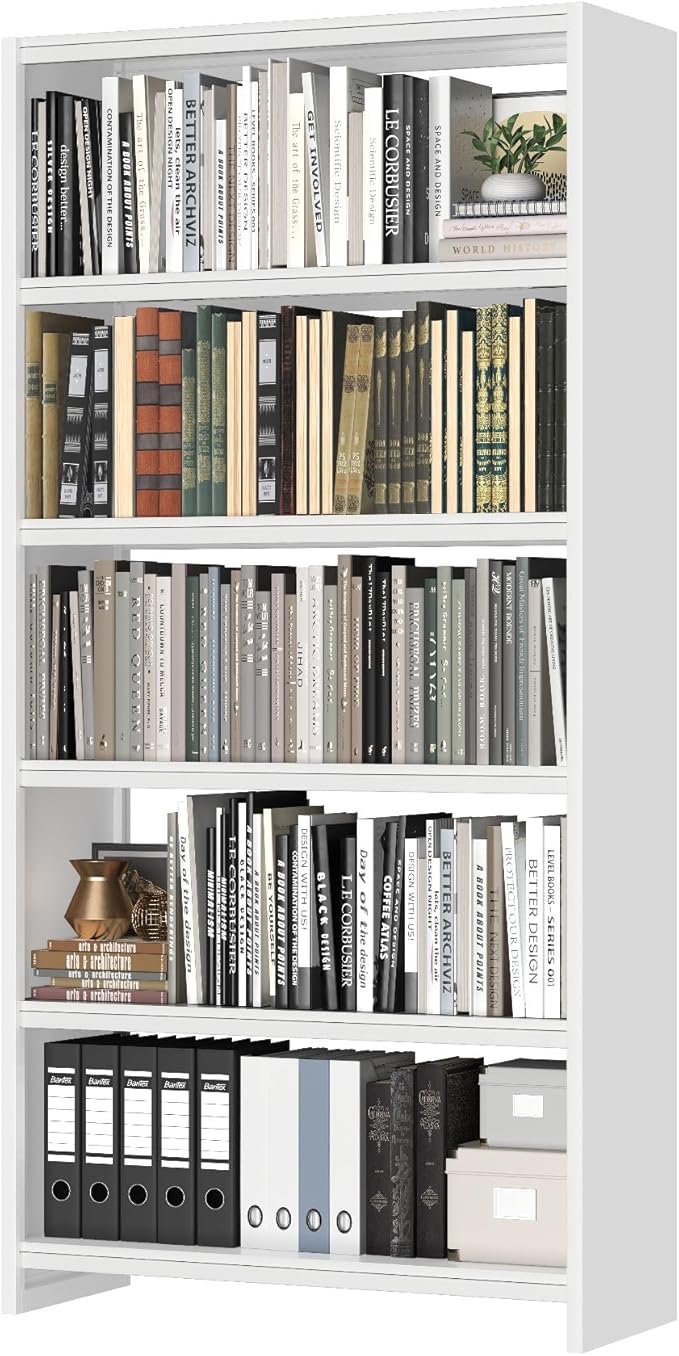 69" Tall Bookcase, 5-Tier Wide Bookshelf, Library Book Case with Display Shelf, Lightweight Metal Bookshelves, Industrial Book Shelf for Home, Office, Library, and School (White)