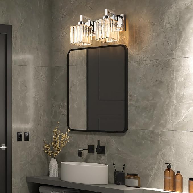 Modern Bathroom Vanity Light 2-Lights Chrome Crystal Wall Lamp Bathroom Modern Crystal Vanity Lighting