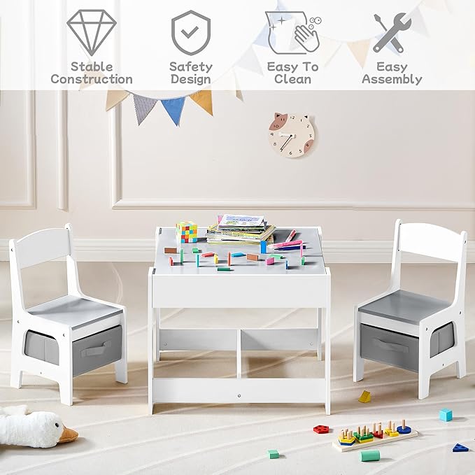 Kids Table and Chair Set, 3 in 1 Wooden Activity Table with Detachable Tabletop, Toddler Table and Chair Set with Storage Drawer, Kids Play Table for Children Art, Craft, Eating, Learning