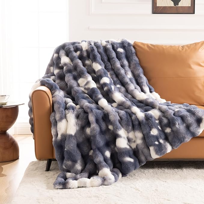 Cozy Faux Fur Throw Blanket for Bed-Warm Fuzzy Throw Blanket, Soft Plush Thick Bubble Blankets for Bedroom and Living Room, Furry Luxury Blanket, 90 x 108,Tie-Dye Blue